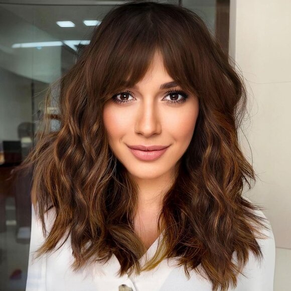 Brown Highlight Wig with Bangs Short Wavy Wigs for Women Shoulder Length Curly B